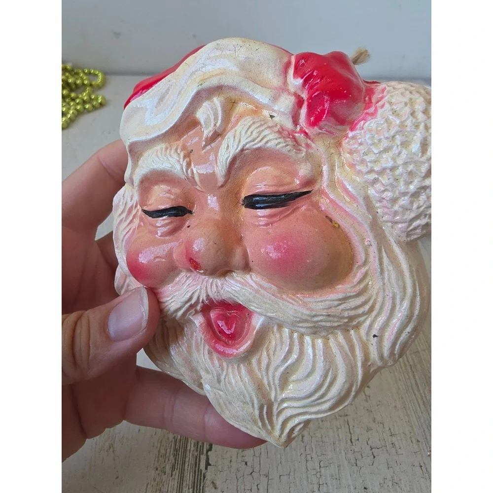 Vintage plaster Santa hanging ornament chalkware Xmas decor tree